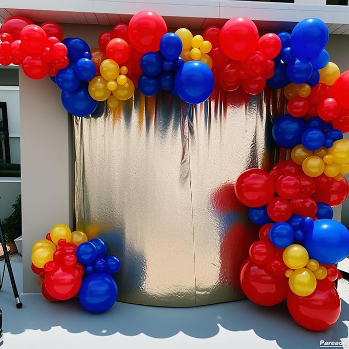 Red Blue Gold Balloon Garland Kit, 120pcs Royal Blue Red Arch Kit With Gold 4D Foil Balloon Long Balloons Different Sizes For Video Theme Birthday Baby Shower Party Graduation Game Bachelorette Decor