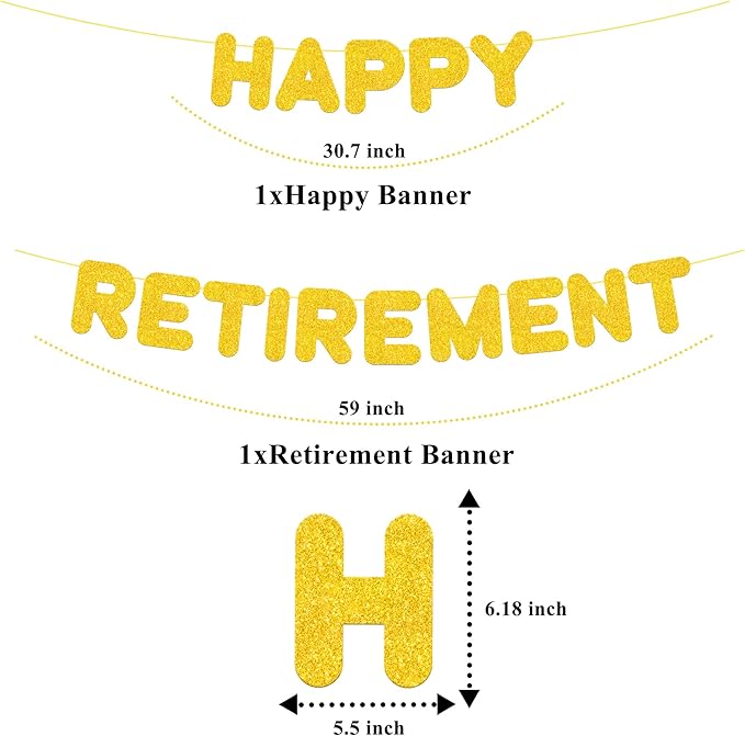 Gold Retirement Party Decorations, Pre Strung Happy Retirement Banner & Cake Topper Kit for Men Women, Ready to Hang