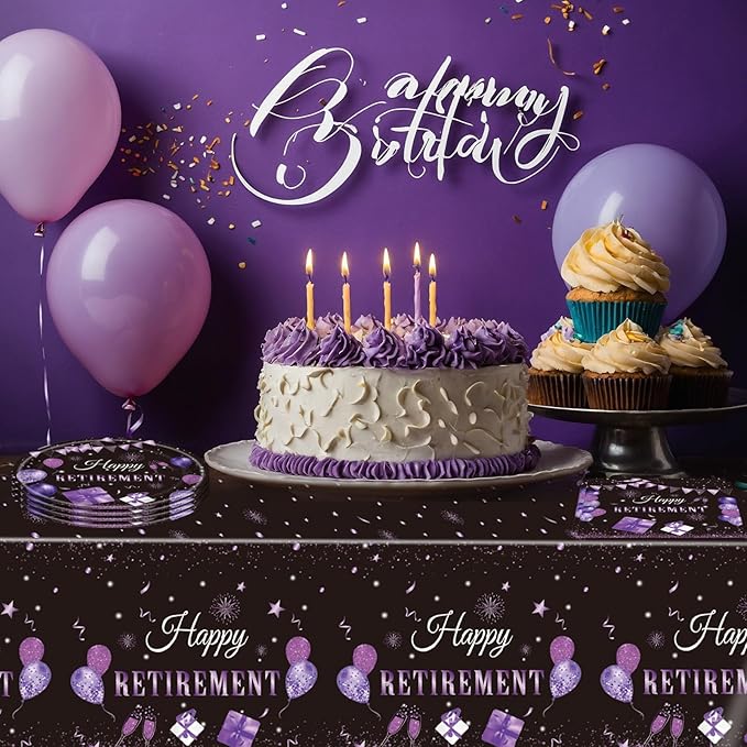 41PCS Purple Retirement Party Decorations Happy Retirement Plates and Napkins Table Cloth Disposable Tableware Kit for Women Say Goodbye Party Supplies