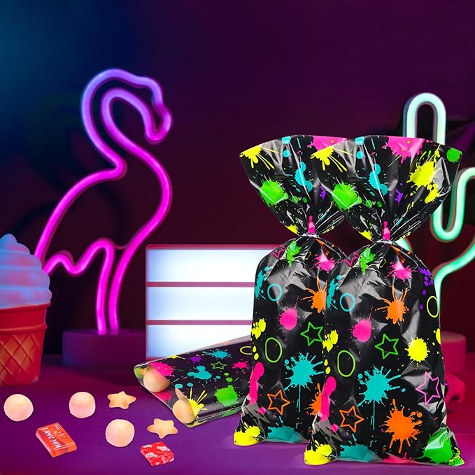 Epakh 100 Pack Neon Candy Bags Goodie Plastic Colorful Treat Glow in The Dark Party Supplies Favor Bags Neon Gift Wrap with Silver Twist Ties for Glow Birthday Party Decor