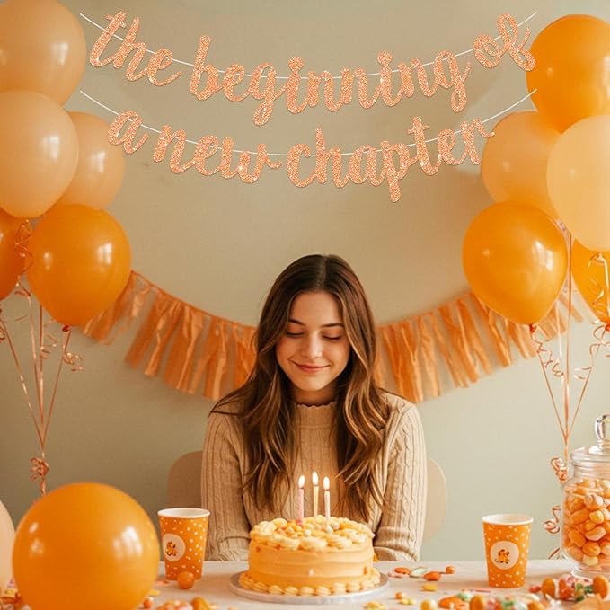 BEISHIDA Glitter Light Orange The Beginning of A New Chapter Banner,Pre-Strung Farewell Book Themed Housewarming Party Congratulations Decorations,Going away party Garland,Graduation Sign 2026 Banner,retirement Supplies