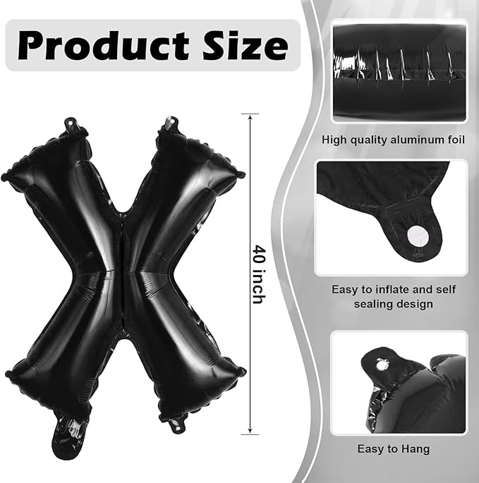 Black Letter X Balloons, 40 Inch Large Foil Letter Balloons, Custom Phrase Balloon for Birthday Party Wedding Anniversary Decoration (Black X)