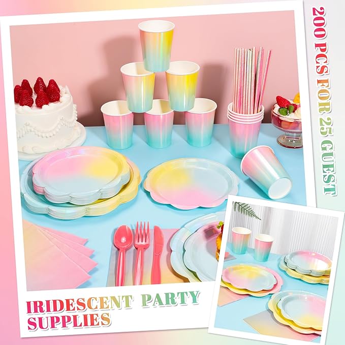 200 Pcs Iridescent Pastel Party Supplies Decorations, 25 Guest Scalloped Iridescent Pastel Plates and Napkins, Holographic Rainbow Plates Cups Napkins Straw Silverware for Girls Birthday