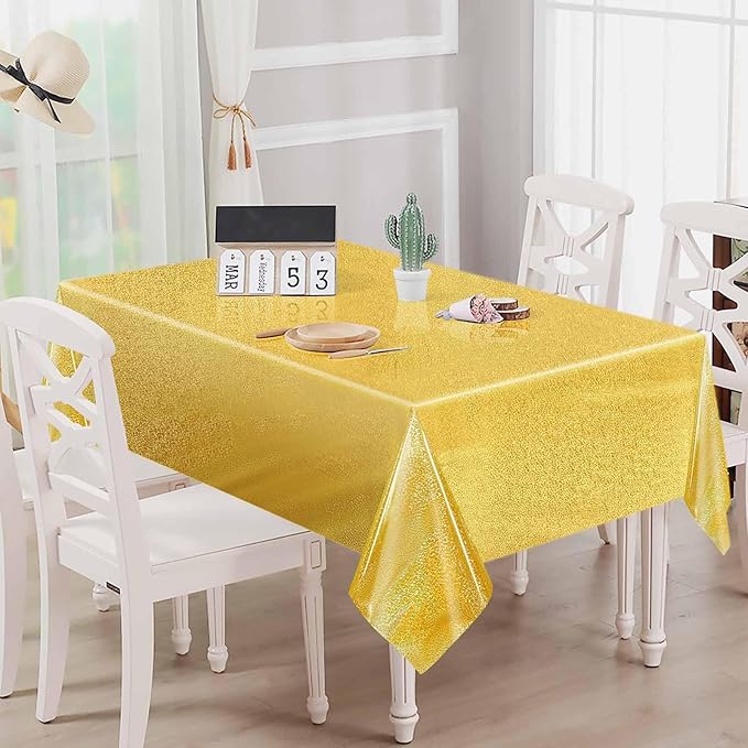 2 Pack Gold Iridescent Plastic Tablecloth Disposable 54 × 108 Inch Glitter Holographic Foil Table Cloth Plastic Laser Rectangle Table Cover for Birthday Wedding Disco Party