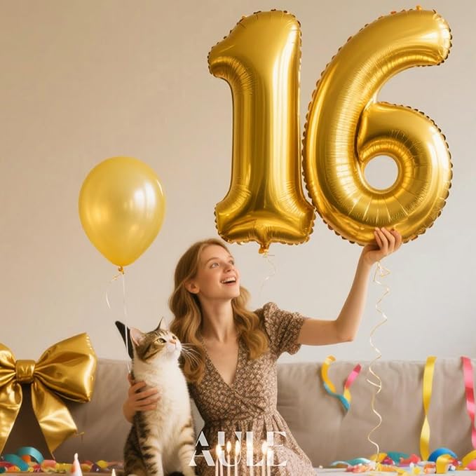AULE 40 Inch Jumbo Gold Foil Mylar Number Balloons for Boy Girl 16th Birthday Party Decorations 16 Years Old Anniversary Party Supplies
