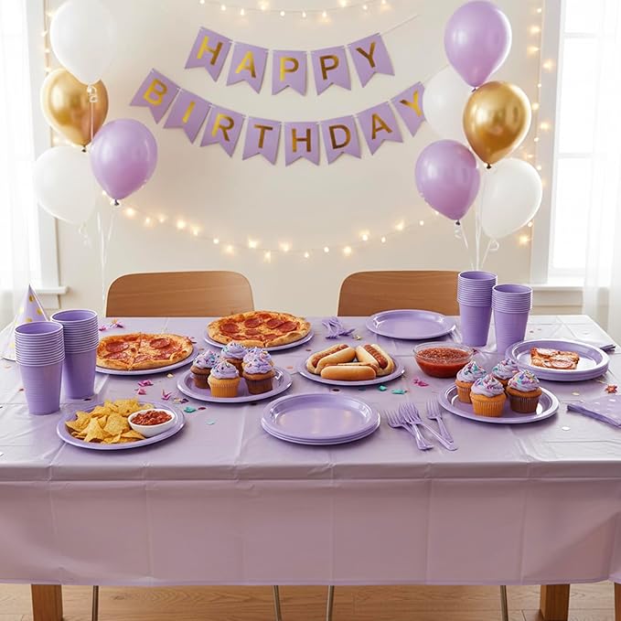 Lavender Plastic Plates for Party,30 Guest Disposable Plastic Plate Set 9" Plates,7" Dessert Plates,Napkins,Cups,Forks & Tablecloth for Baby Shower,Wedding,Birthday,Afternoon Tea Party