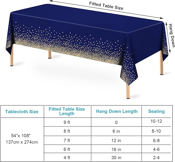 2 Pcs Navy Blue and Gold Plastic Tablecloth for Rectangle Table, 54 × 108 inches Disposable Gold Dot Dark Blue Party Table Covers for Anniversary, Wedding, Fine Dining, Graduation Party Decoration