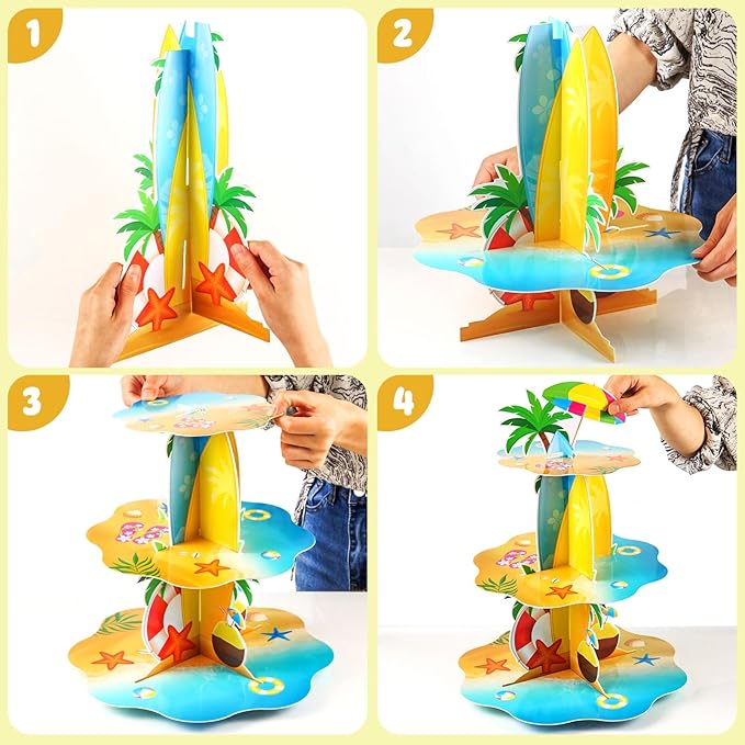 Summer Beach Luau Hawaiian Cupcake Stand Decorations 3 Tier Pool Theme Cake Holder Dessert Stand Tower for Kids Office Classroom Beach Birthday Party Baby Shower Wedding Party Supplies