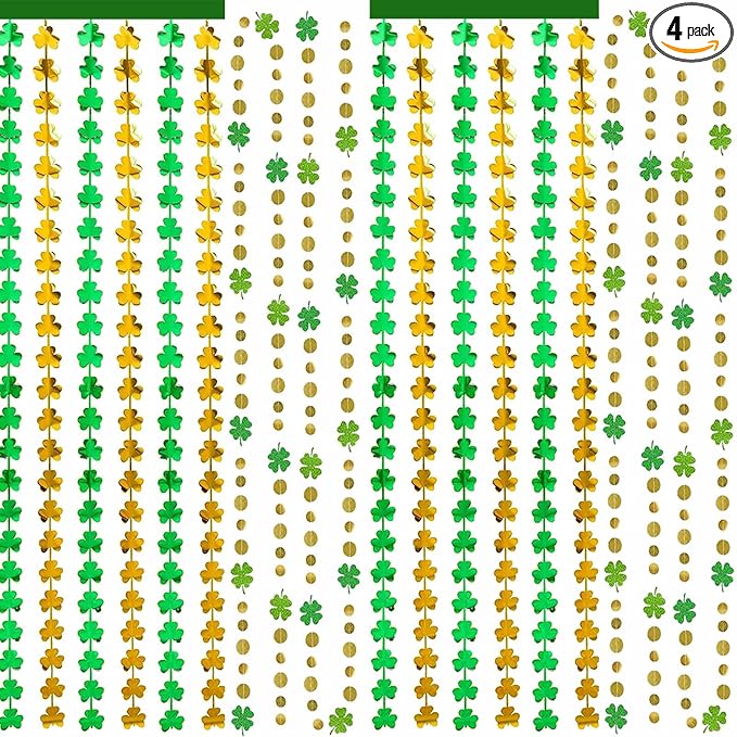 St Patricks Day Decorations Shamrock Foil Fringe Curtains Green Shamrock Garland Clover Tinsel Curtain Photo Booth Prop St Paddy's Day Garland Hanging Streamers Backdrop for Irish Party Decor