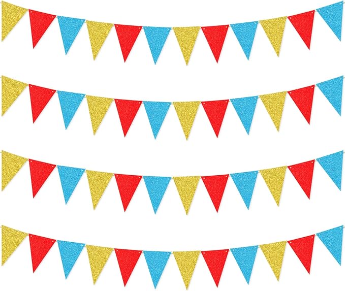 48 Pcs Colorful Triangle Banner Flag Pennant Banner Flags Glitter Garland Wall Door Hanging Banners for Birthday Graduation Classroom School Party Backdrop Decorations Gold, Red, Blue