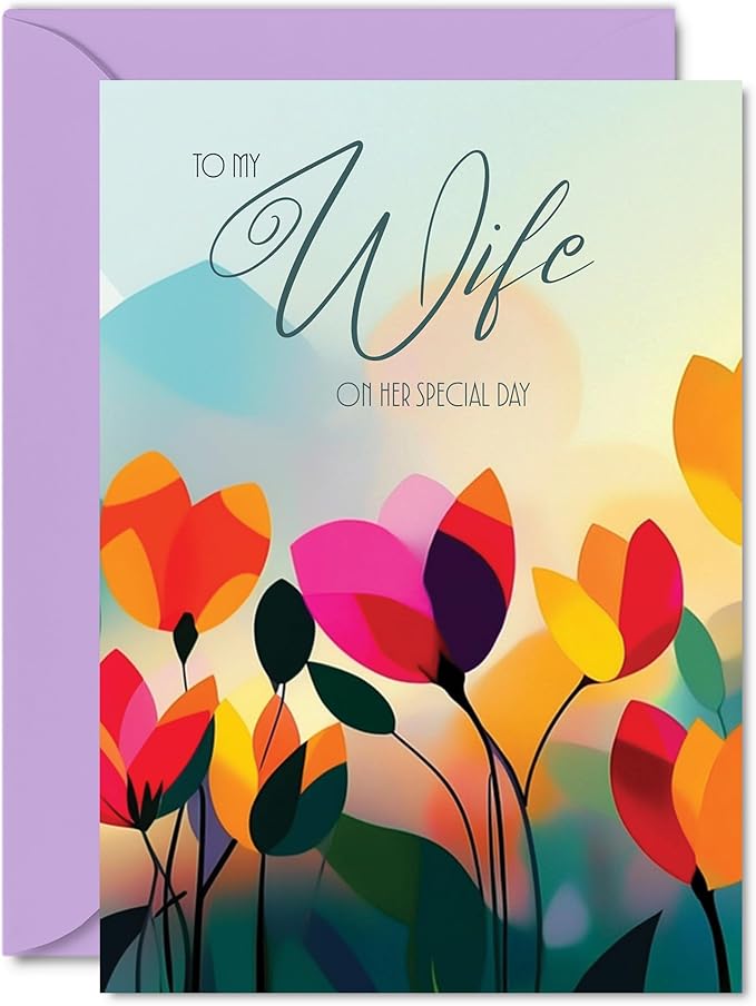 Wife Birthday Card - Vibrant Summer Flowers - Vivid Happy Birthday Card for Wife from Partner Husband, A5 Female Floral Bday Golden Greeting Cards