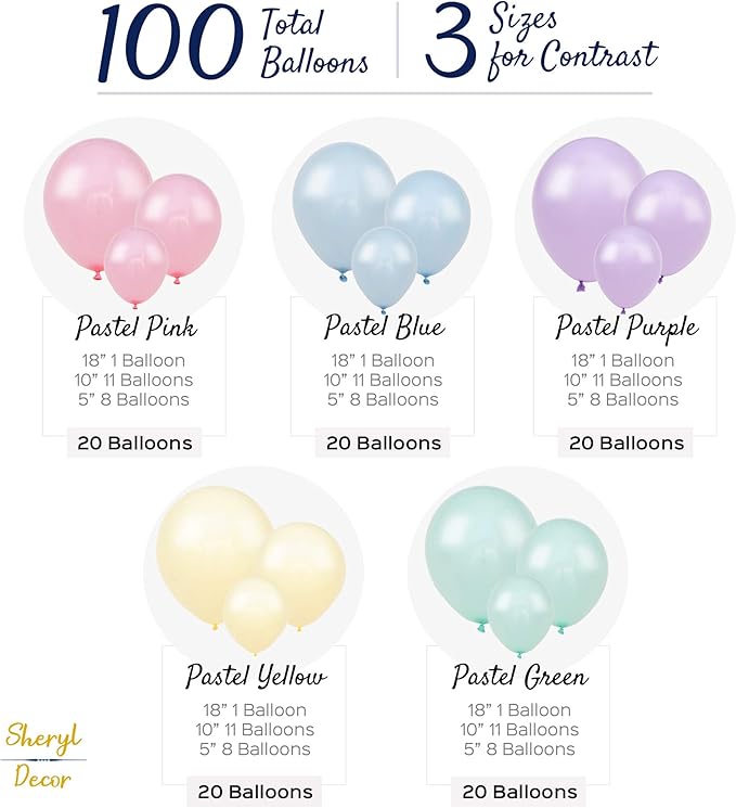 100 Pastel Balloons Assorted Colors & Size – Rainbow Birthday Party Decorations – Macaron Balloons in Blue, Purple, Yellow, Green & Pink – Matte Colored Supplies for Spring, Candy, Easter, & Unicorn