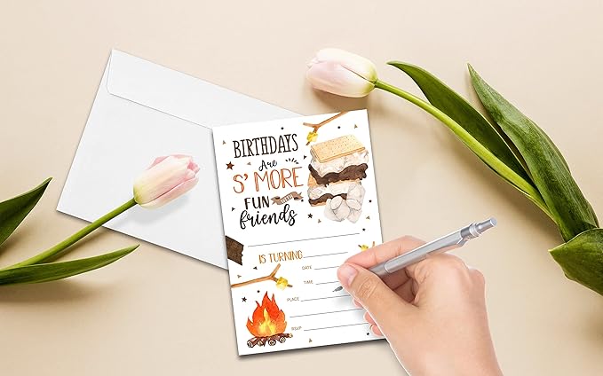 S'mores Birthday Party Invitations for Boys or Girls, S'more Bonfire Birthday Parties Supplies Decorations, Backyard Camping Theme Fill-in Invites, 4" x 6" Double-sided Cards(20 Invitations and