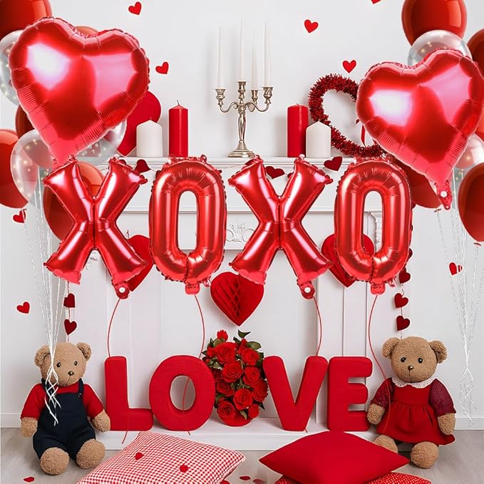 16 Inch Red XOXO Letter Balloons Red Heart Foil Balloons Valentines Day Party Decorations Favors Supplies Valentine Galentines Wedding Ceremonies Bridal Shower Balloon Banner Wall Decor Photo Props