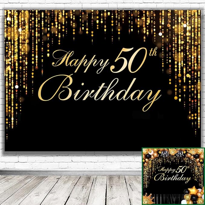 Happy 50th Birthday Photo Background, Black Gold Background Screen Suitable for Birthday Party Decoration Black Gold Flashing Photography Background Photography Booth Photographys
