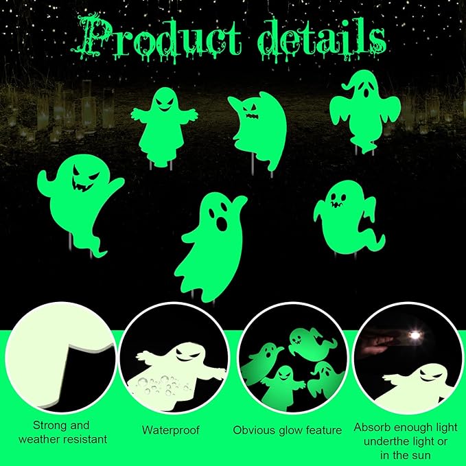 6 Pcs Halloween Yard Stake Glow in The Dark Ghost Lawn Stakes with Green Fluorescent Layer - Scary Lawn Decorations for Outdoor Garden Patio Yard