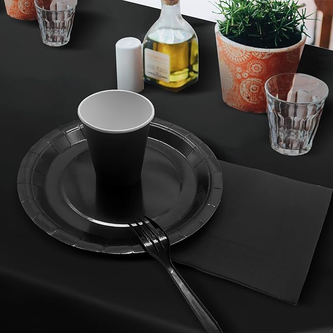 Severs 25 Guests Black Paper Plates 9 Inch,Bulk Black Paper Plates Cups Napkins and Tablecloth,Disposable Cake Plates Paper Plate Black for Birthday Wedding Party
