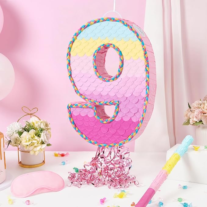 WERNNSAI Number 9 Piñata – Pink 9th Birthday Party Decorations Rainbow Ombre Nine Piñata for kids girls with Blindfold and Stick for 9 Year Birthday Supplies Princess Anniversary Decoration