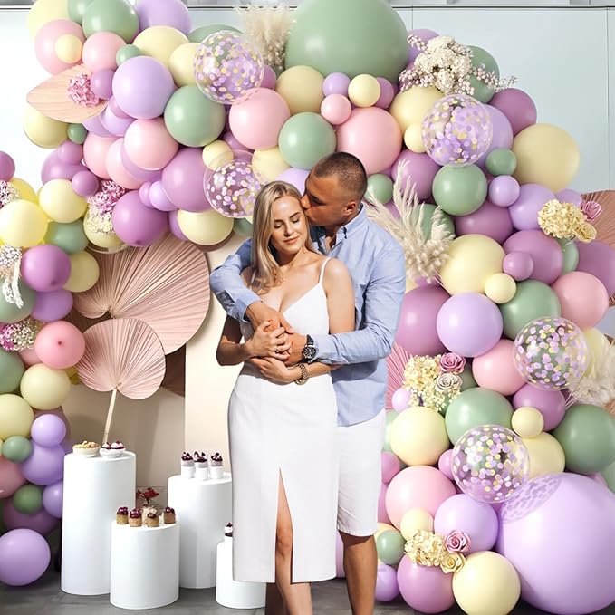 Dusty Green Purple Pink Balloon Garland, Lavender Mist Green Pastel Pink Yellow Balloon Arch Wildflower Balloons with Pastel Confetti for Baby Shower Birthday Wedding Flower Party Decoration