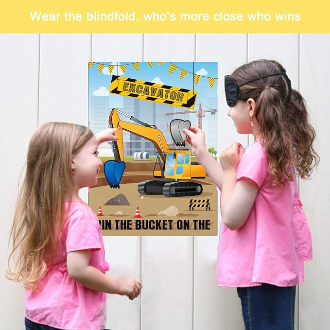 Pin The Bucket on The Excavator Party Games -Construction Themed Birthday Games for Kids Boys with 21'' x 28'' Truck Game Poster, Resuable Stickers Construction Party Supplies Party Favor Sets
