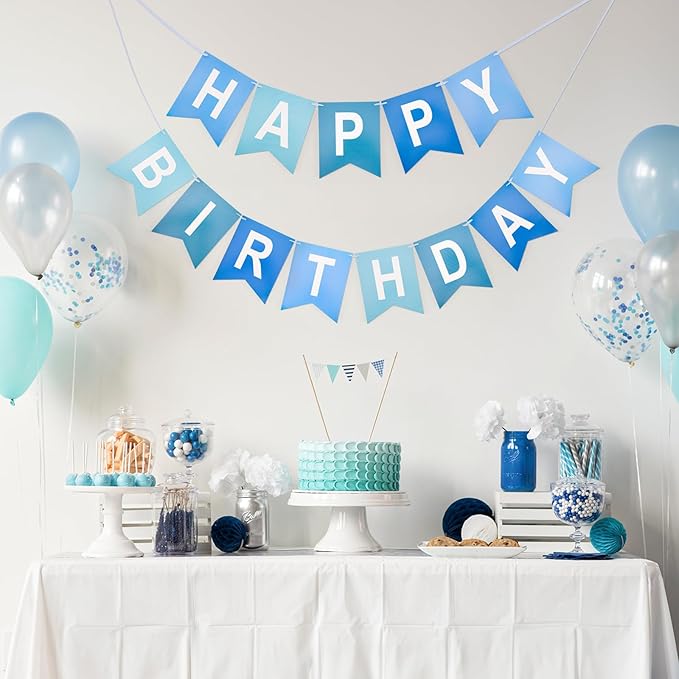 Blue Happy Birthday Banner Birthday Party Banner NO DIY Happy Birthday Sign Pre-Strung Birthday Hanging Decoration for Women Men Girl Boy Party Supplies(Blue)