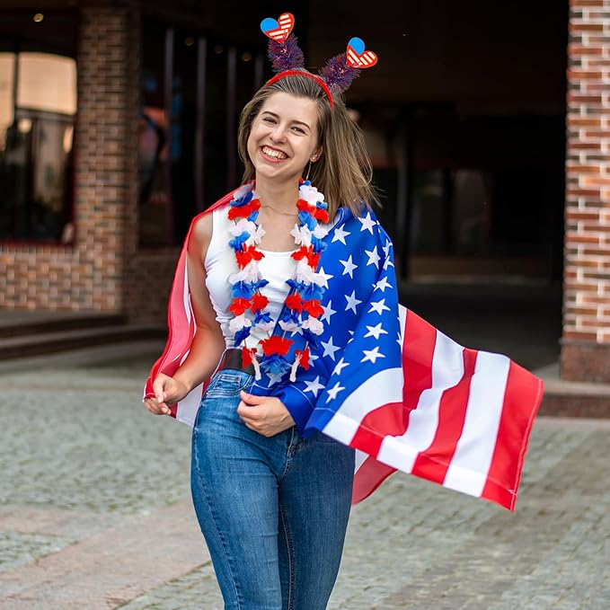 24 Pcs 4th of July Party Accessories, 12 Patriotic Headbands, 12 Independence Flower Leis, Red White Blue Star USA Flag Head Bopper for 4th of July Labor Day Veterans Memorial Day Party Supplies Favor