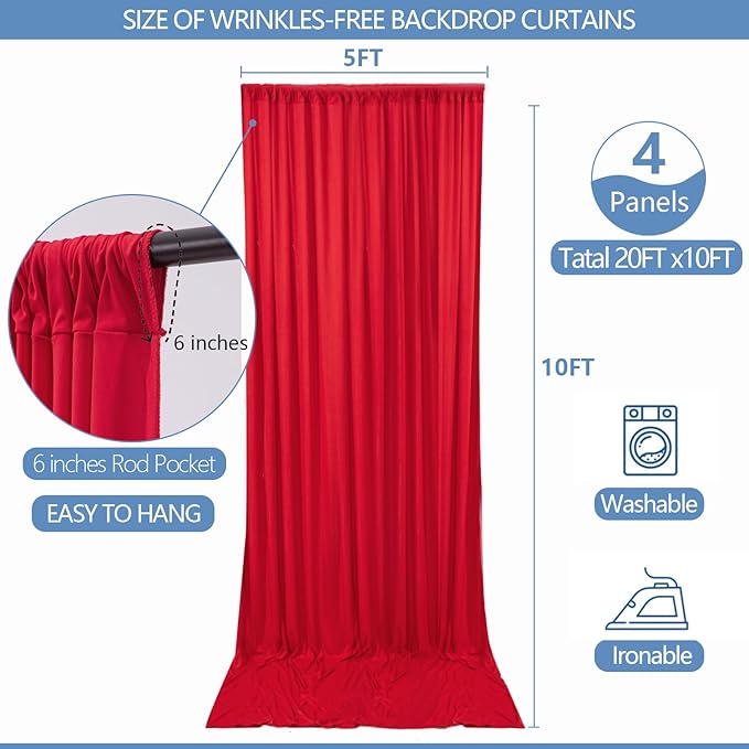 20x10ft Wrinkle Free Red Backdrop Curtain for Parties Soft Fabric Drapes Wedding Red Curtain Backdrop for Birthday Party Decorations Background for Photography 5x10ft, 4 Panels