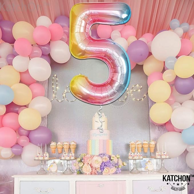 KatchOn Giant Rainbow Number 5 Balloon - 40 Inch | 5th Birthday Decoration, Unicorn Party Décor