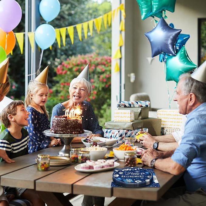 Retirement Party Decorations for Men Women Blue Silver Happy Retirement Plates and Napkins Disposable Dinnerware Tableware Decorations Supplies | Serve 20