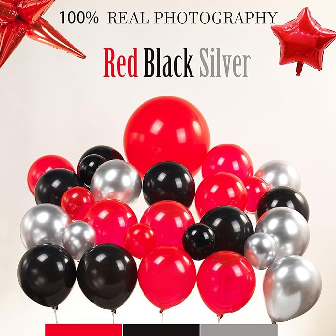 Black Red and Silver Balloon Garland Arch Kit 130+ Pieces with Red and Silver Stars, Graduation Certificate Graduation Cap GRAD Letters Mylar Balloons for 2026 Graduation Prom Decorations