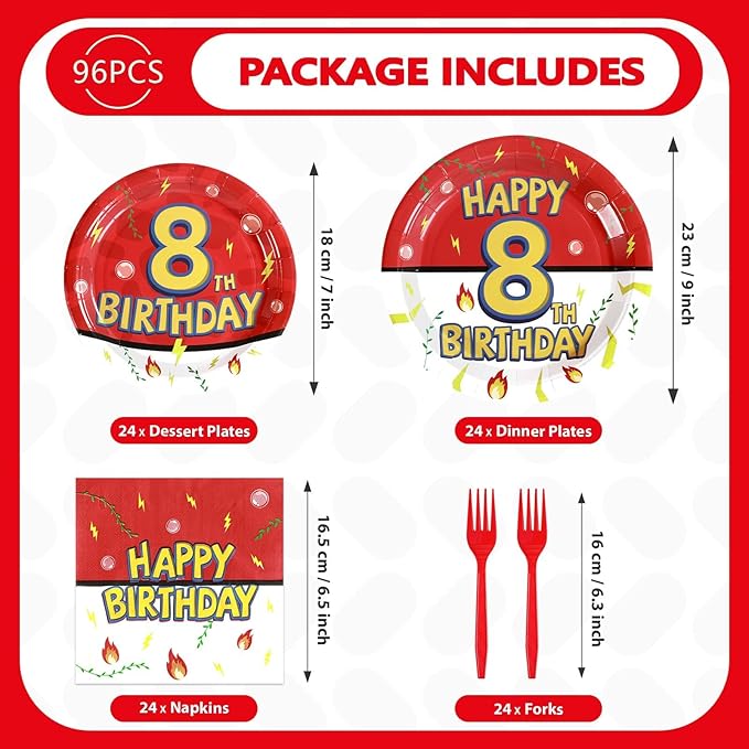 Grencian 96Pcs Happy 8th Birthday Party Supplies Cartoon Anime Themed Paper Plates and Napkins Tableware Sets Disposable Red and White Decoration for 8 Year Old Birthday Kids Children Party Serves 24