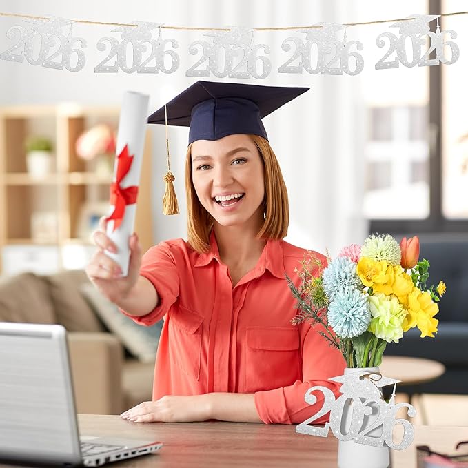 Chinco 24 Pcs 2026 Graduation Decorations Class of 2026 Graduation Centerpieces for Table Glitter Cutouts Grad Cap Tags Double Side Sparkling Glitter Confetti Party Decor for Vase Mason Jar (Silver)