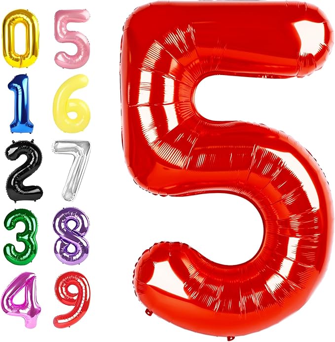 5 Balloon Number 40 Inch, 5 Balloons for Birthday Party, Red Numbers Balloon for 5, 15, 25, 55 Birthday Party Decoration, Anniversary, Wedding, Single Supplies