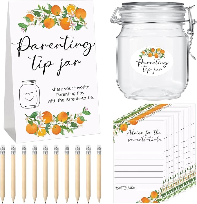 Roowest Baby Shower to Baby Advice Cards for New Parents to Be - Tip Jar Sign for New Parents 60 Parenting Advice Cards 10 HB Pencils 2 Cute Stickers 1 Pet Bottle for Guests Games(Little Cutie)