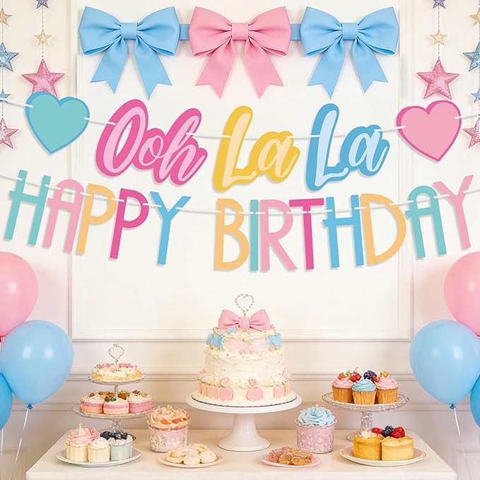 2PCS Ooh La La Birthday Banner, Colorful Fancy Pre-Strung Garland, Fancy Party Decorations for Birthday, Tea Party, Baby Shower Supplies