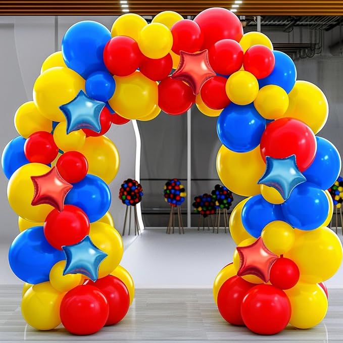 Carnival Circus Balloon Garland Arch Kit, 160Pcs Red Yellow Blue Latex Balloons with Star Foil Balloons for Baby Shower Bridal Shower Birthday Party Decorations