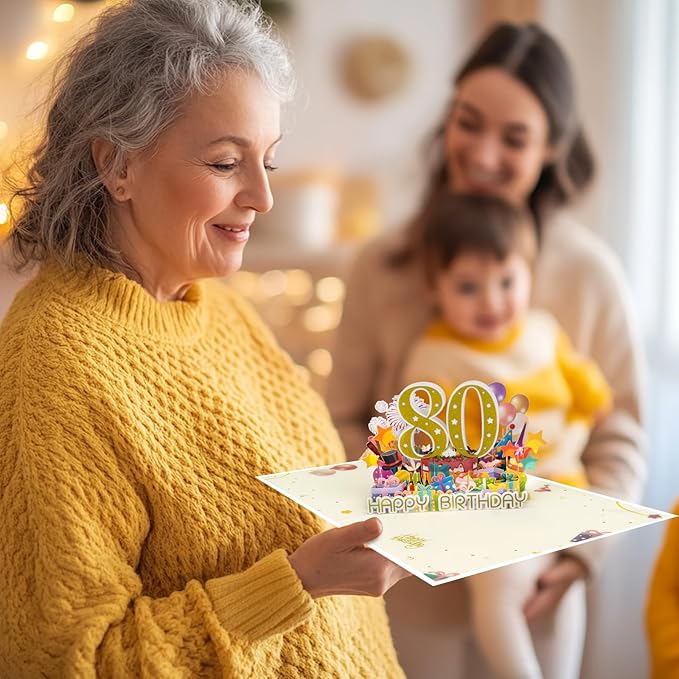 80 Years 0ld Firework Pop Up Happy Birthday Greeting Card, ideal love Gift for Adult and Kid with Blank Note & Envelope, Foldable Celebration for Daughter, Son, Mom, Dad, Friend, Children