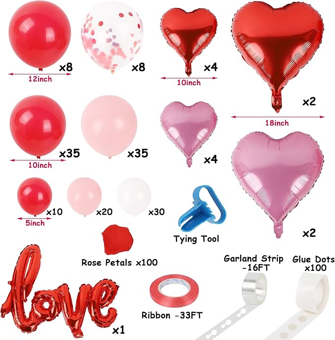 DR.DUDU 263 Pcs Valentines Day Balloon Arch Kit Decorations, Pink/White/Red Balloons Garland Decor with LOVE Heart Balloon Rose Petals for Mother's Day Party Birthday Wedding Proposal Anniversary