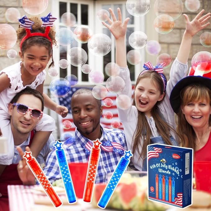 32Pcs 4th of July Mini Bubble Wands Patriotic Red White Blue Bubbles for Kids, Independence Day Party Favors Patriotic Decorations