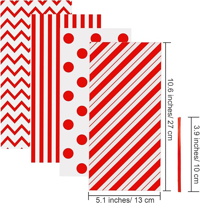 Aneco 100 Pack Red Cellophane Bags 10.6 x 5.1 Inch Plastic Candy Bags Gift Bags Goodie Bags with Twist Ties for Valentine, Birthday, Gift Cookie Snack Packing Party Favor Supplies