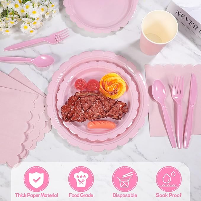 350 Pcs Pink Paper Plates and Napkins, Pink Birthday Decorations Include Paper Plates Napkins Cups Plastic Cutlery for Mothers Day, Baby Bridal Shower, Wedding