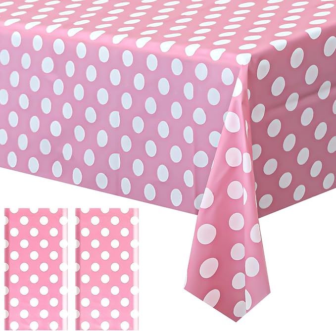2 Pieces Pink Polka Dot Rectangle Tablecloth - 54x72“ Decorative & Stain Resistant Table Cloth with Polka Dot Pattern, Table Cover for Dining Table, Buffet, Wedding, Camping, Party & Wedding