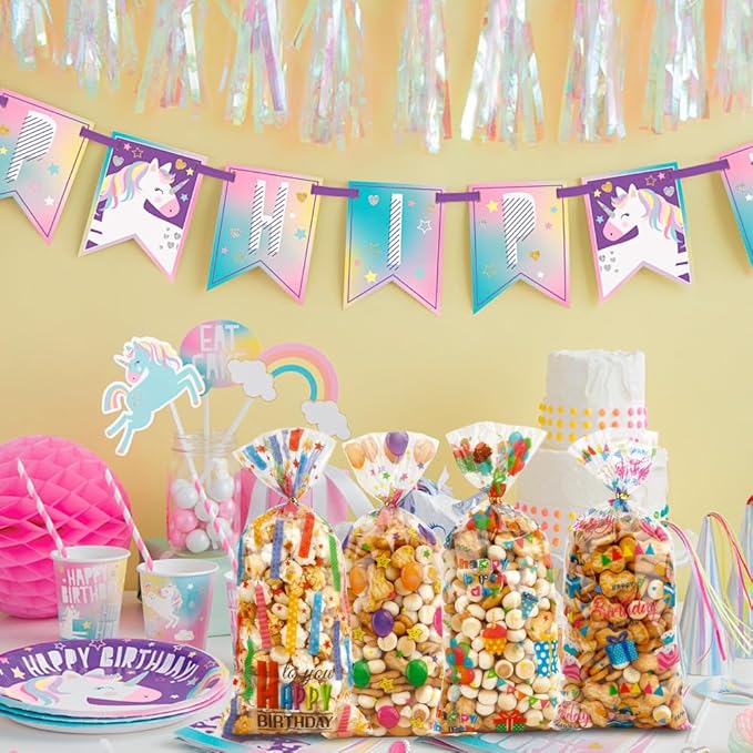 100 PCS Happy Birthday Cellophane Treat Bags(5x11 Inch) with Ties Colorful Plastic Goodie Candy Cookie Goody Loot Gifts Bags Bulk Pouches for Birthday Party Favors Supplies Decorations for Kids