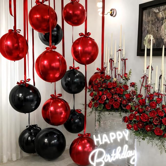 Togvu Black Red Round Foil Balloons, 16PCS Different Sizes 4D Metallic Balloon Large Sphere Mirror Ball Balloons for Prom Graduation New Year Halloween Birthday Party Ceiling Decorations Supplies