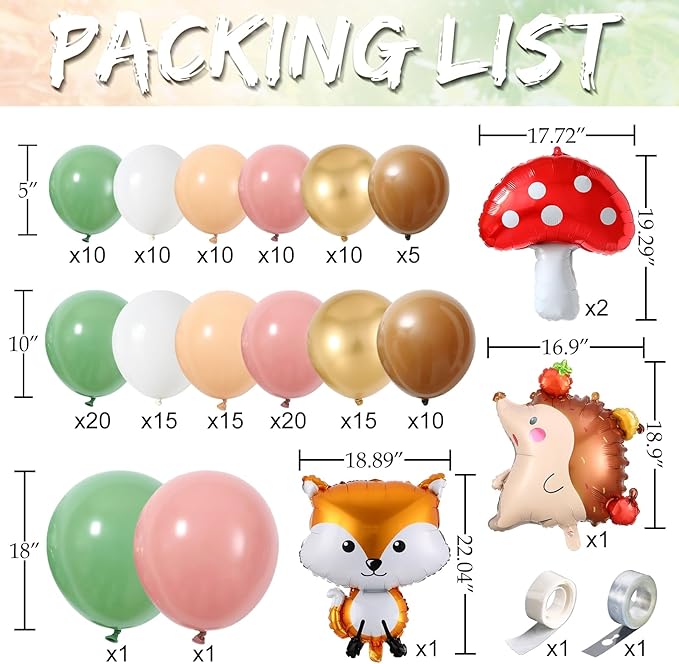 158Pcs Sage Green Pink Gold Woodland Balloon Garland Arch Kit,with Mushroom,Fox,Hedgehog Foil Balloons for Forest Fairy Wild Animal Theme Baby Shower Birthday Spring Garden Tea Party Decorations