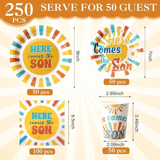 250 Pcs Here Comes The Son Baby Shower Party Decorations Boho Sun Rainbow Disposable Paper Plates Napkins and Cups Tableware Set for Sunshine Boy Baby Shower Party Supplies, Serves 50