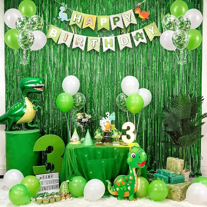 Green Tinsel Backdrop Curtains - 2 Pack Metallic Foil Fringe Streamers Photo Backdrop for Birthday Dinosaur Animal Football Golf Theme Party Decorations Wall Decor