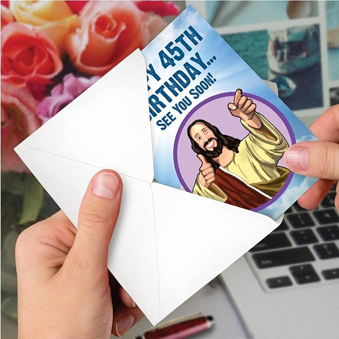 NobleWorks - Funny 45th Birthday Greeting Card - Joking God Humor Milestone, 45 Years Happy Bday Notecard with Envelope (1 Card) - See You Soon 45 C9403MBG