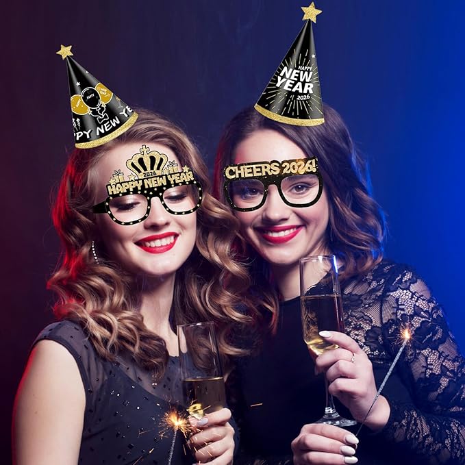 Happy New Year Party Decorations Supplies 2026- Hats, Banner, Glasses, Foil Balloon and Fringe Curtains, New Years Eve Black and Gold Party Decorations