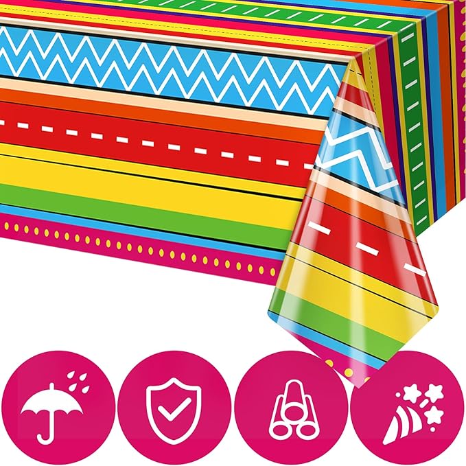 2 Pcs Cinco De Mayo Table Cloths 54 x 108 Inch Mexican Taco Night Colorful Stripe Patterns Plastic Disposable Rectangle Tablecloth for Fiesta Dining Picnic Party Table Cover Supplies